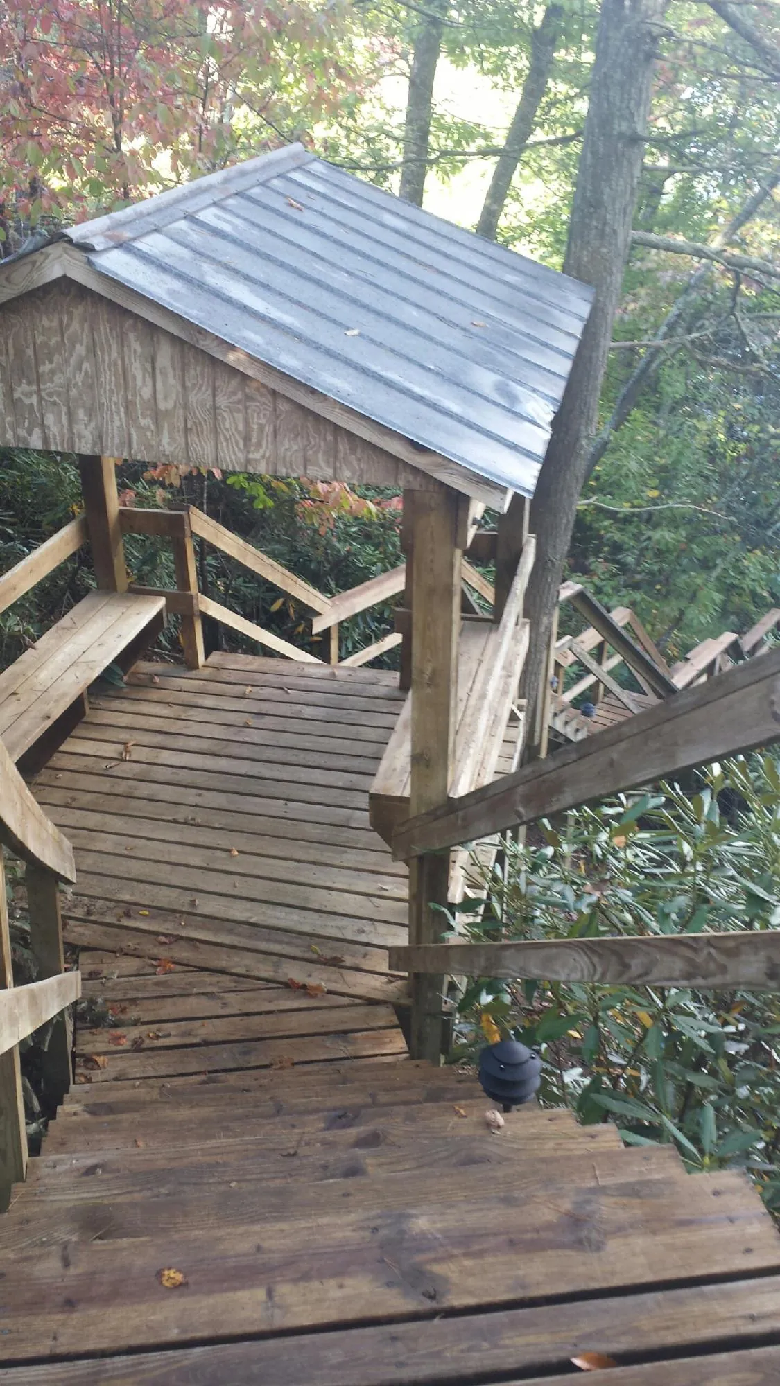 Metal roofed shelter over wooden steps on a wooded walkway — Skylight Repair & Installation work by our crew in Harrington